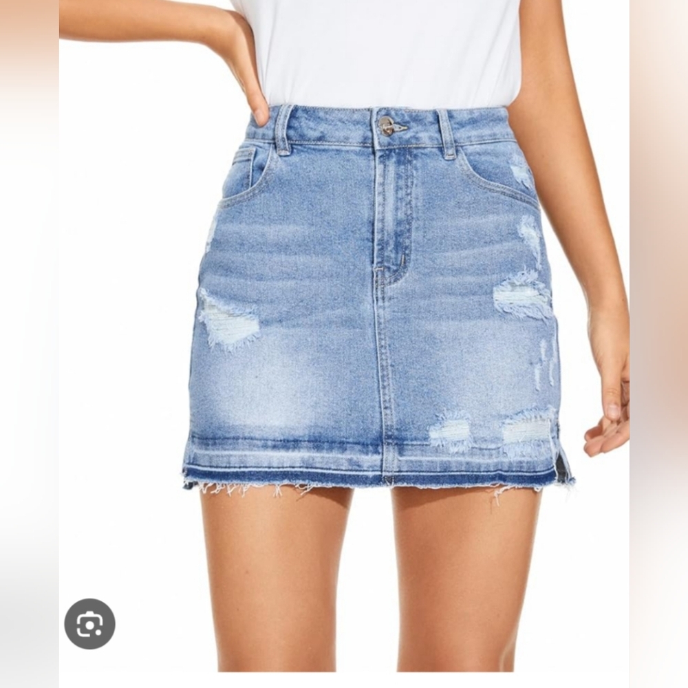 High-Rise Light Blue Distressed Denim Mini Skirt
